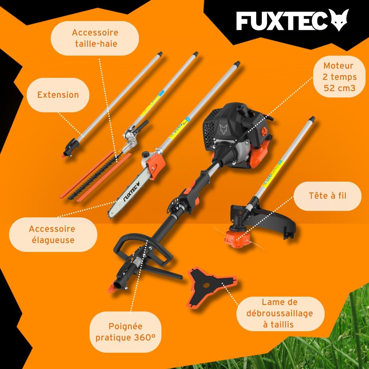 Fuxtec Débroussailleuse Thermique Multifonction 5 en 1 Multitool FX-MT152E - Easy Starter 3CV 52 cm³, Moteur 2 Temps, Élagueuse Taille Haie Coupe Bordure Avec Fil ou Lame 1 Mètre Rallonge