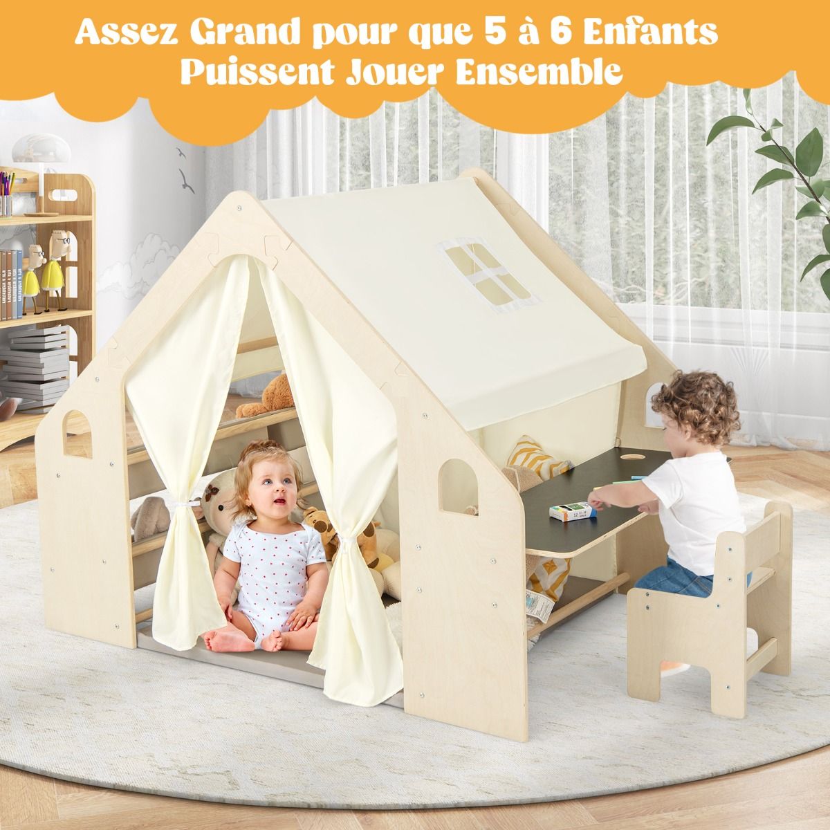 Tente de Jeu d'Intérieur en Bois pour Enfants 6 en 1 Tableau Noir Table Chaise 6 Bacs de Rangement Coussin de Sol Maison de Jeu pour 2-6 ans Beige