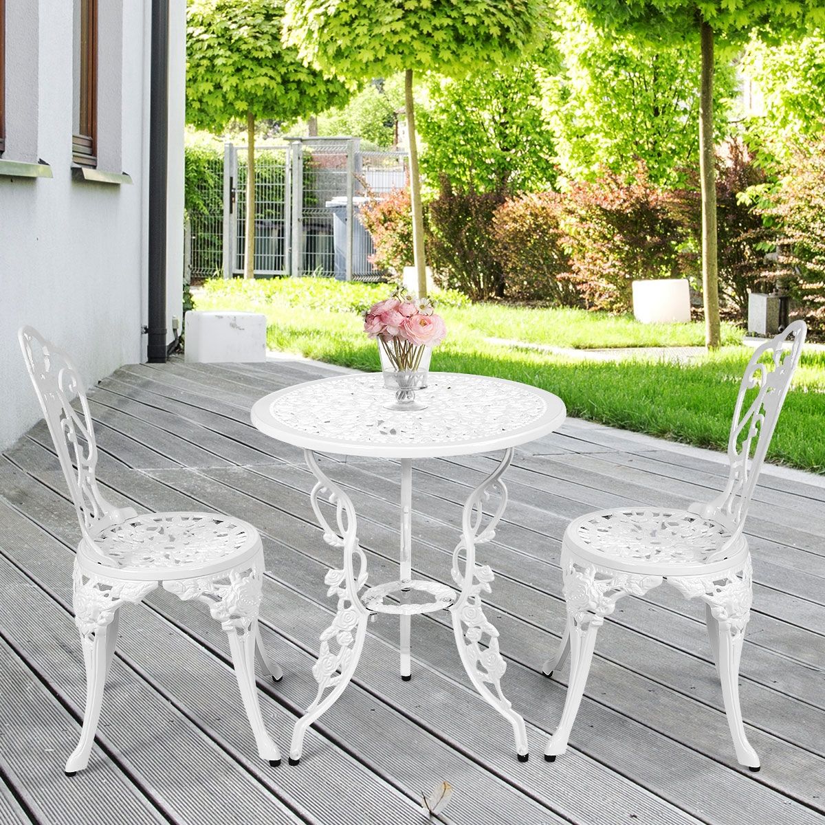 Ensemble Table et 2 Chaises pour Jardin en Aluminium en Forme de Rose Blanc Résistant aux Intempéries