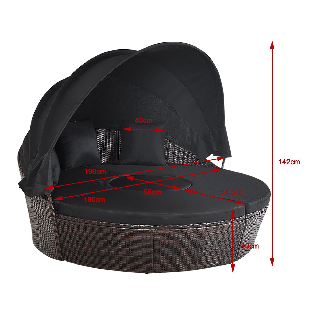Lit de Jardin Rond d'Exterieur Table Relevable Modulable & Convertible - Pare Soleil Réglable rotin PE Coussins Inclus  Noir
