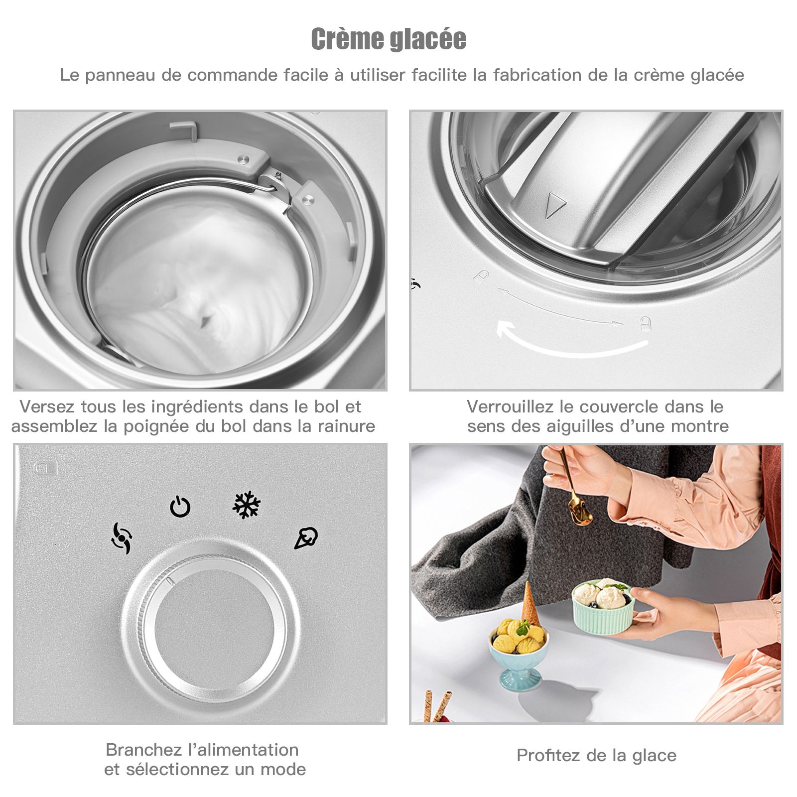 Sorbetière Turbine à Glace 1L Puissance 100W à Compresseur avec Cuillère 3 Modes de Fonctionnement Argent