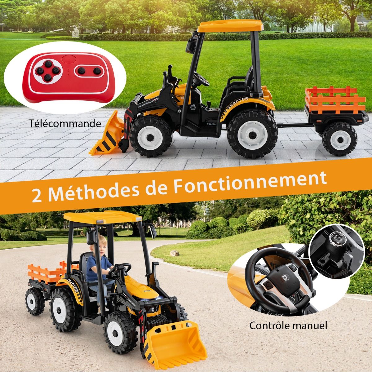 12V Tracteur Électrique Enfants avec Pelle&Remorque Amovible Véhicule Électrique à 6 Roues avec Télécommande & Musique 3-6 km/h pour 3-8 Ans Jaune/Vert