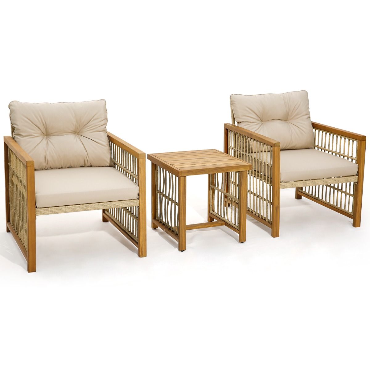 Salon de Jardin avec 1 Table et 2 Fauteuils en Bois d'Acacia et Rotin Anti-UV Pieds Réglables Coussins avec Zip Nautel