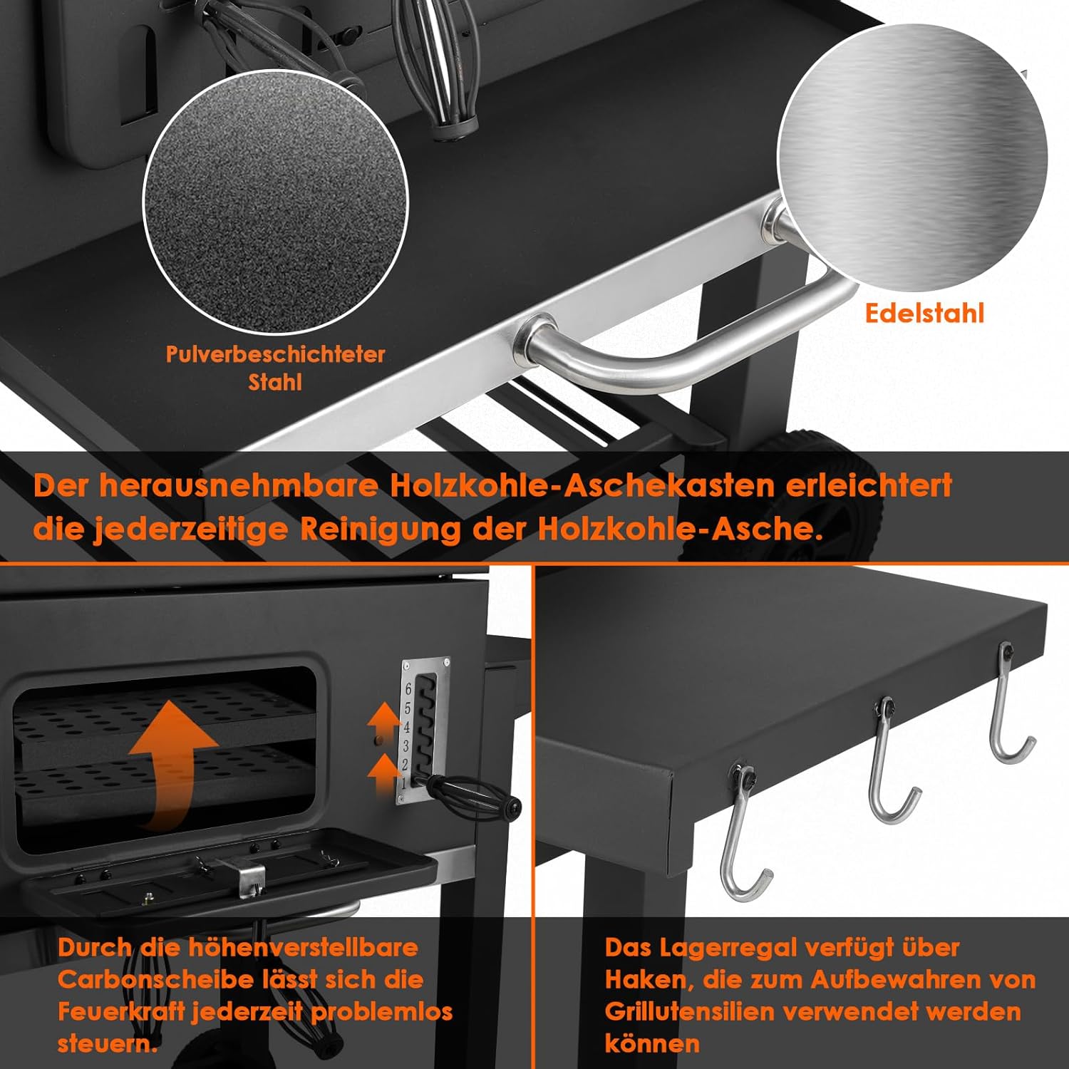 Barbecue Charbon de Bois XL, Chariot à Barbecue, Grill XL à Charbon avec Couvercle, Roues et Thermomètre, Réglable en Hauteur, Grand Barbecue au Charbon de Bois, pour Camping et Jardin, Noir