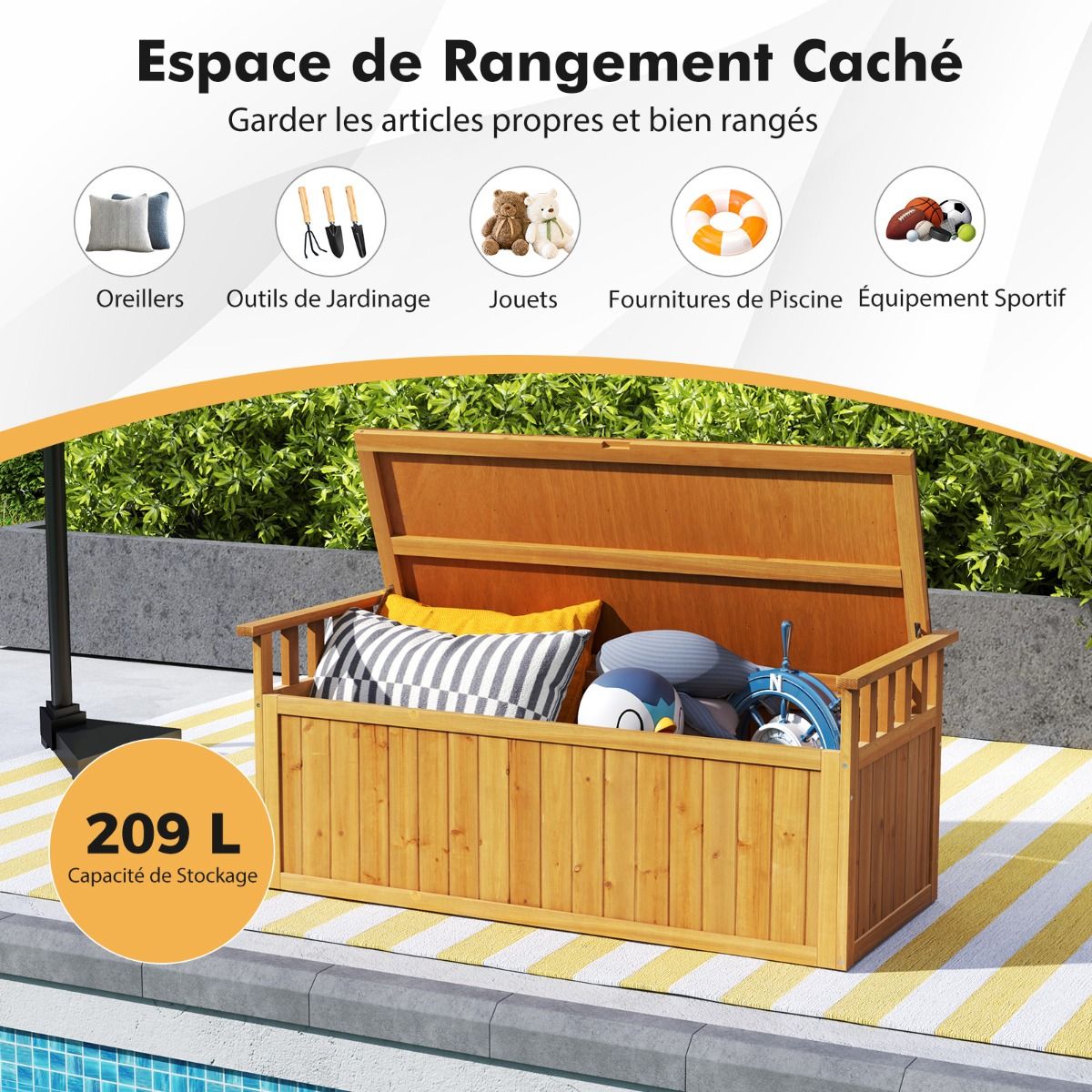 Banc de Rangement en Bois Banc d'Extérieur à 2 Places de 209 L avec Accoudoirs Coffre de Stockage en Bois Charge 100KG Naturel