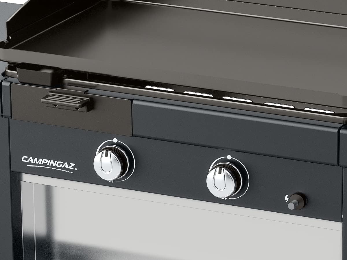 Campingaz Plancha EXB Plus, plancha au gaz sur chariot, grill gastronomique avec plaque en acier émaillé et 2 brûleurs, puissance 7500 W, pour des grillades méditerranéennes, Noir