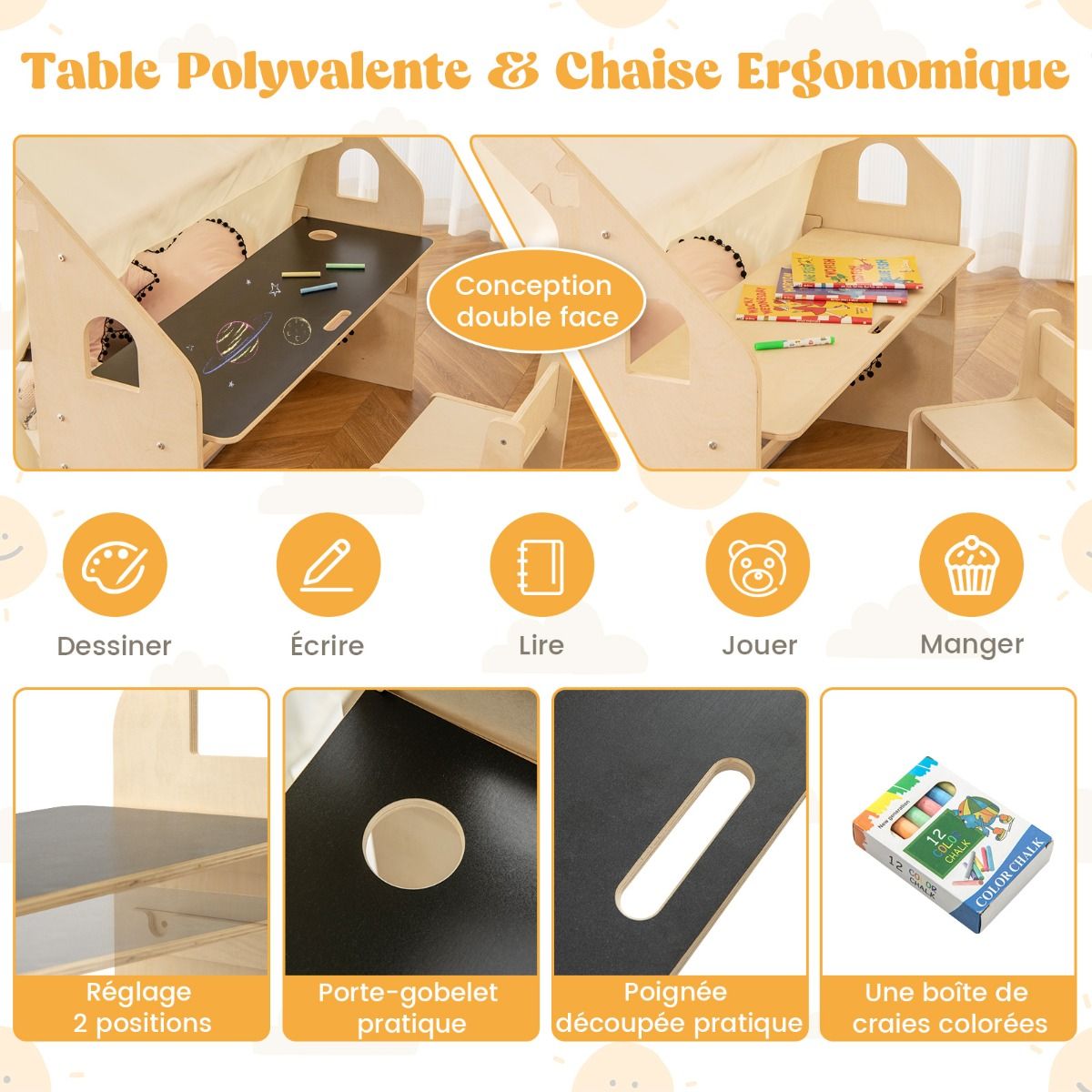 Tente de Jeu d'Intérieur en Bois pour Enfants 6 en 1 Tableau Noir Table Chaise 6 Bacs de Rangement Coussin de Sol Maison de Jeu pour 2-6 ans Beige