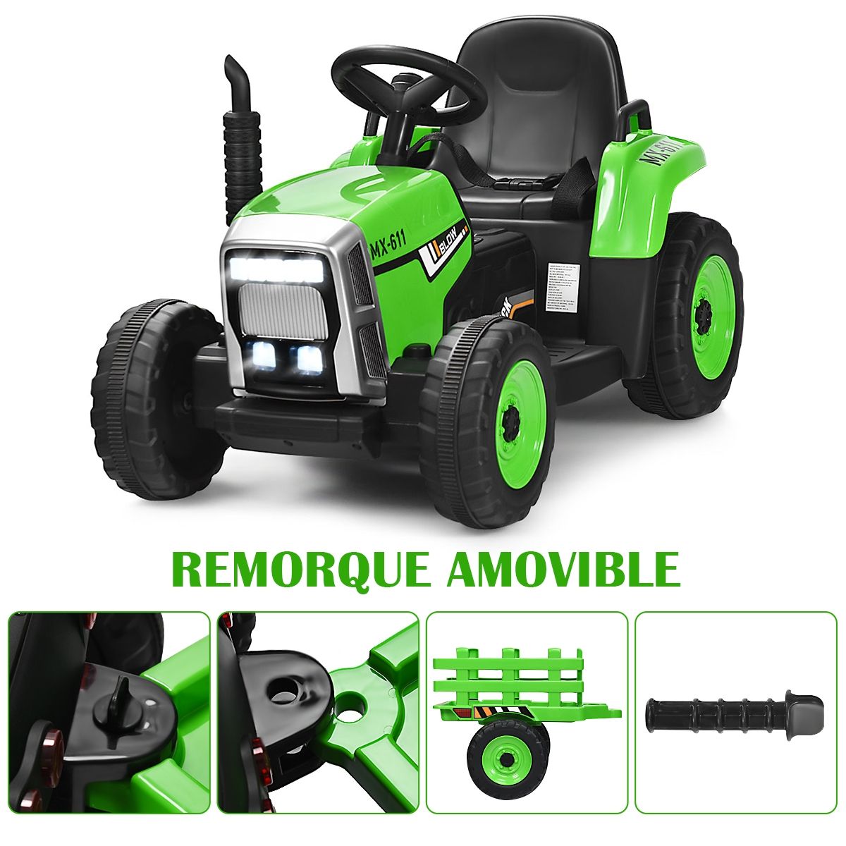 Tracteur Electrique avec Remorque pour Enfants 3 Vitesses Lumières LED Fonctions Audio USB et Bluetooth Jaune/Rose/Rouge/Vert/Vert Foncé/Noir