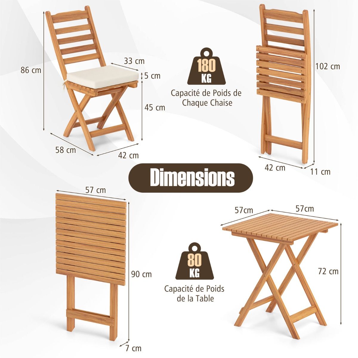 Ensemble Bistrot d'Extérieur en Bois d'Acacia Ensemble de Chaises Pliantes et Table Coussins de Siège Sans Accoudoirs à Dossier Haut Blanc