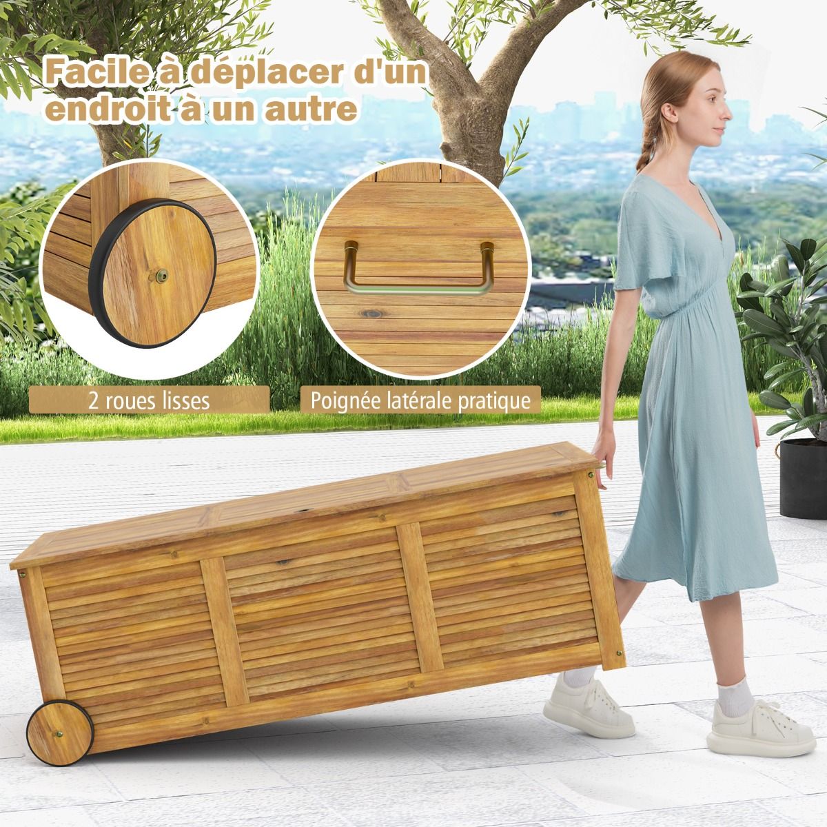Coffre de Rangement 182L en Bois d’Acacia Charnière en Métal Banc de Rangement à Roulettes Extérieur pour Jardin Patio