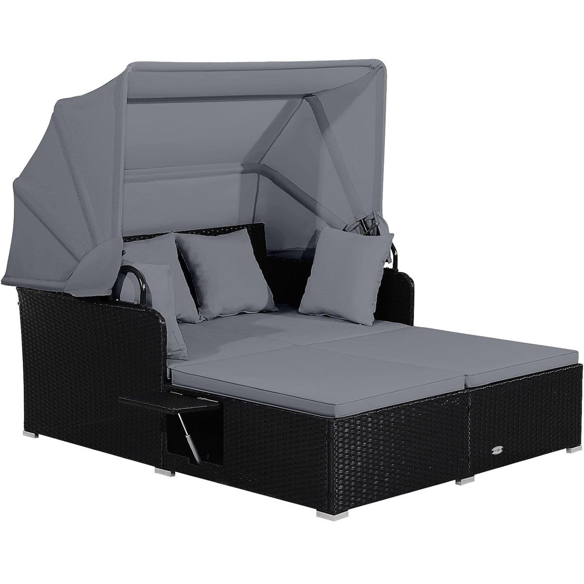 Chaise Longue à 2 Places en Rotin avec Auvent Rétractable Bain de Soleil avec Panneaux Latéraux Pliables Charge 360KG Beige/Gris
