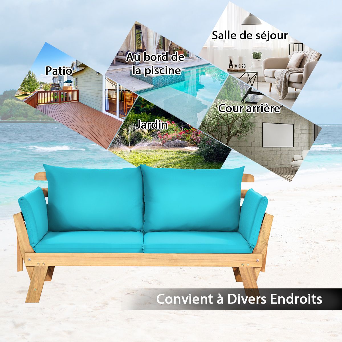 Chaise Longue Convertible avec Coussin Canapé de Jardin 2 en 1 en Bois d’Acacia avec Accoudoir Réglable pour Patio Piscine Jardin Blanc/Gris/Bleu/Rouge