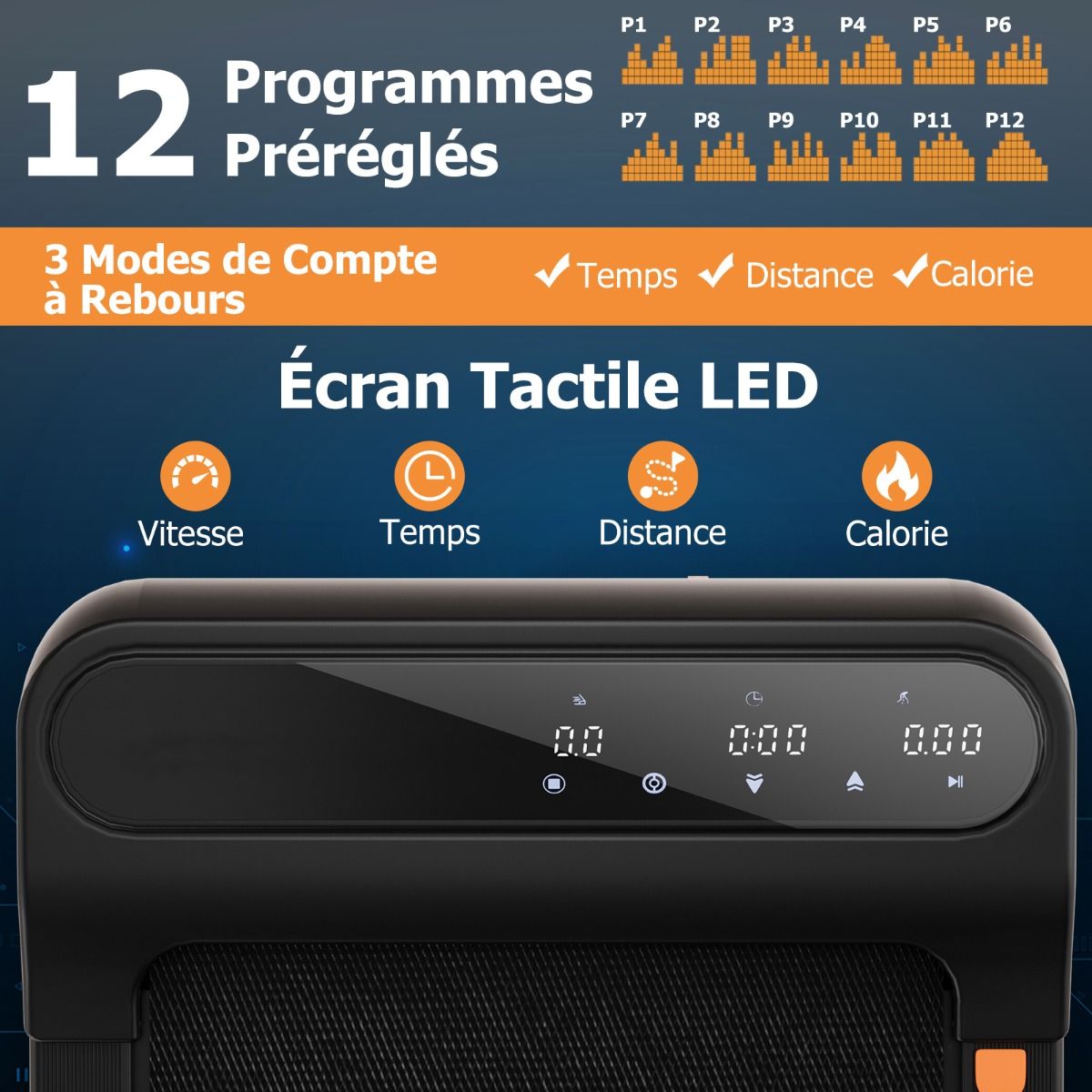 Tapis de Course et de Marche avec 12 Programmes Prédéfinis Télécommande et Écran Tactile Led Machine de Jogging et de Marche Capacité 120 Kg Noir