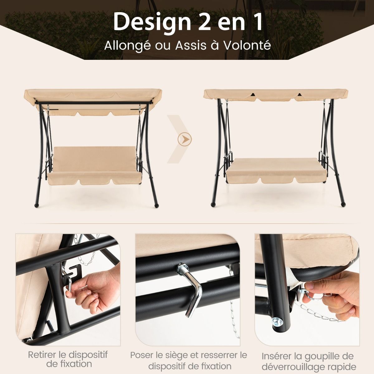 Balancelle d'Extérieur Convertible 2 Places avec Lit Plat Hamac de Terrasse avec Auvent Réglable et Coussin Amovible Pour Jardin