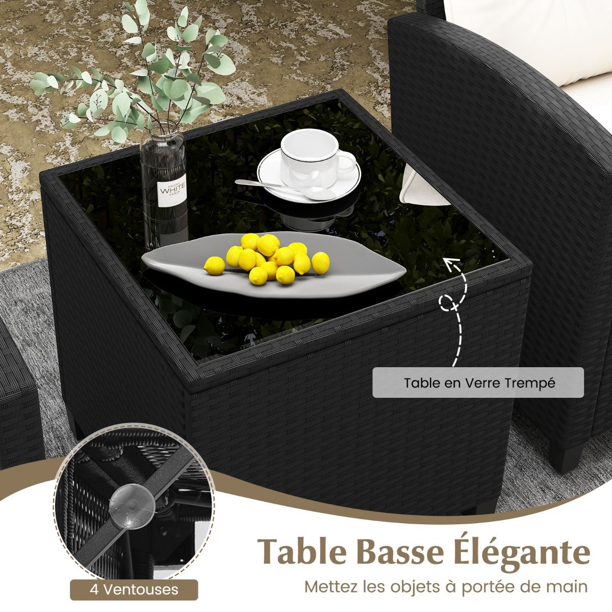 Ensemble de Meubles 3 Pièces de Patio en Rotin Charge 180KG Salon de Jardin 2 Fauteuils Table Basse avec Plateau Noir/Beige/Blanc