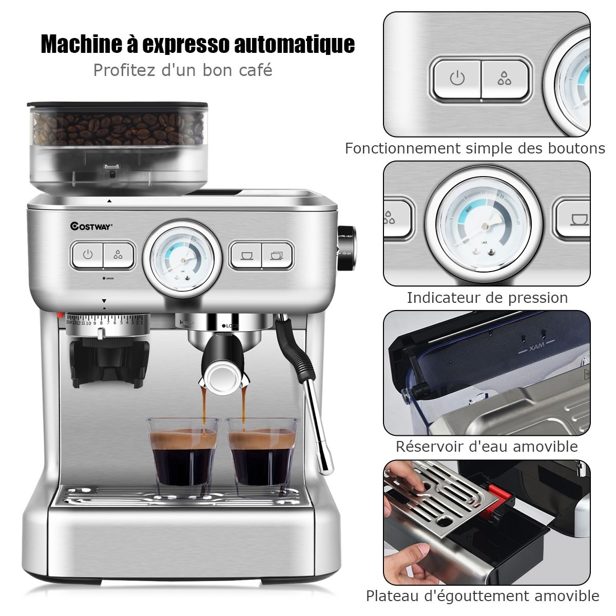 Machine à Café Automatique avec Broyeur à Grains 1350W 30 Niveaux de Poudre de Café Réglables Température Réglable
