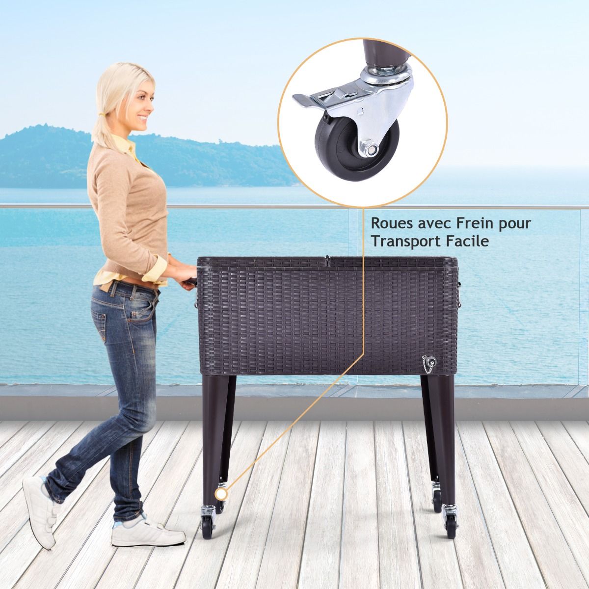 Glacière à Roues Verrouillables 76L Dessert de Glace avec Décapsuleur et Réceptacle à Capsules en PP de haute alimentaire Garder au Frais 72h 83 x 48 x 87 CM