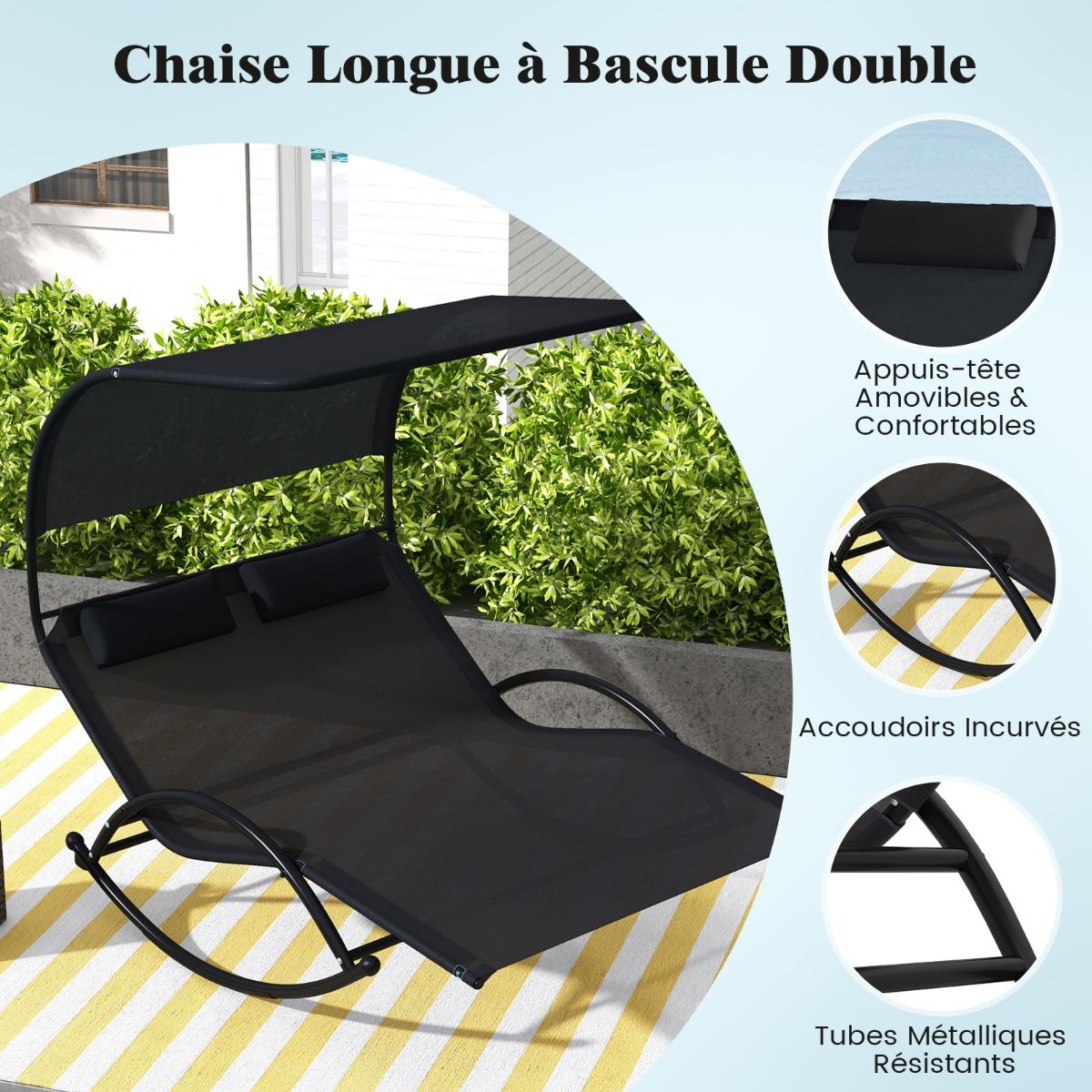 Chaise Longue Double Chaise à Bascule pour 2 Personnes 2 Appui-Têtes Amovibles Cadre en Métal Robuste Lit de Repos Ergonomique 2 Places Gris/Noir/Beige