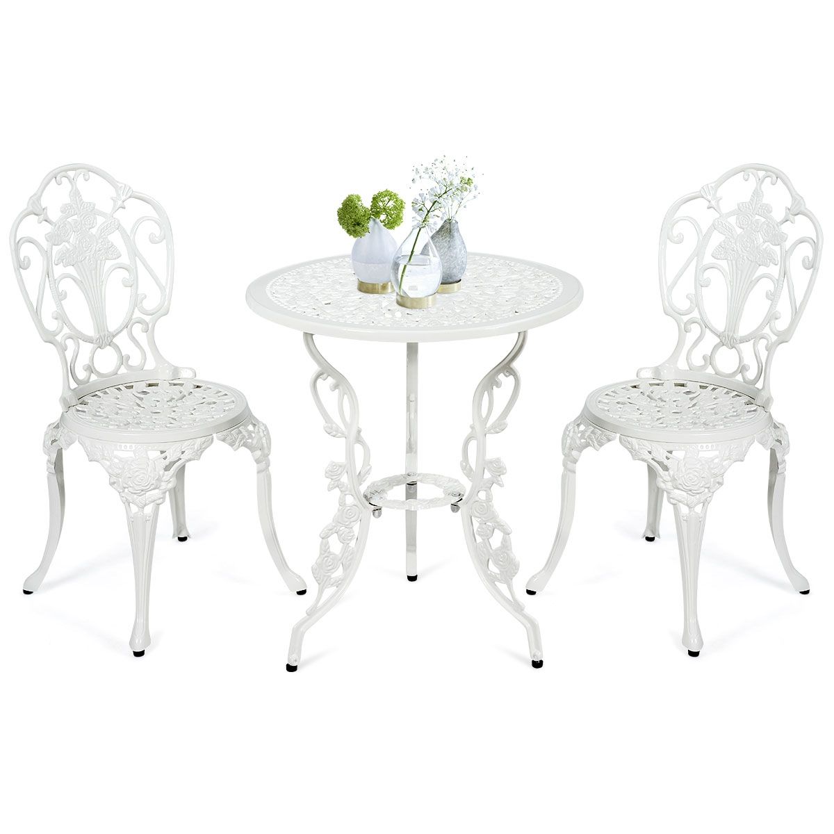 Ensemble Table et 2 Chaises pour Jardin en Aluminium en Forme de Rose Blanc Résistant aux Intempéries