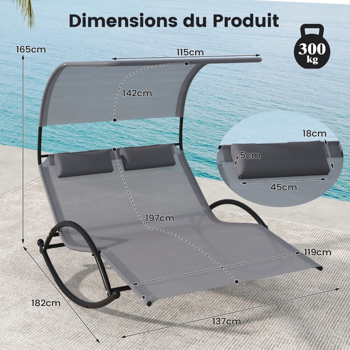 Chaise Longue Double Chaise à Bascule pour 2 Personnes 2 Appui-Têtes Amovibles Cadre en Métal Robuste Lit de Repos Ergonomique 2 Places Gris/Noir/Beige