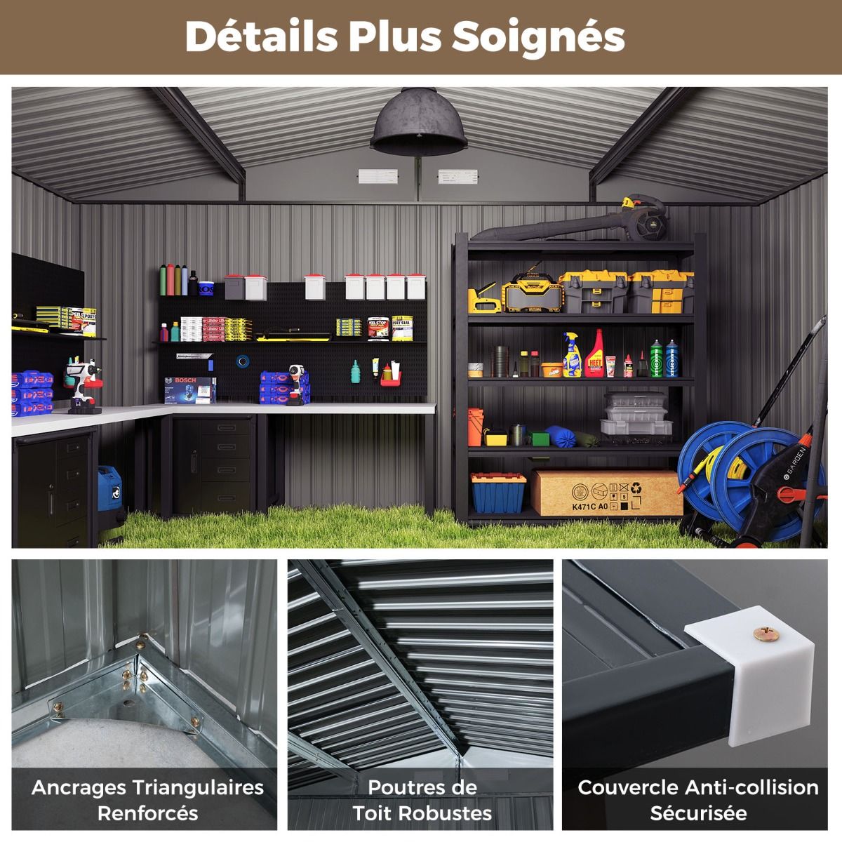 Abri de Stockage Extérieur Grand Hangar à Outils avec Design de Toit Incliné Portes Fermables avec Clés 4 Aérations 350x350x198cm Gris