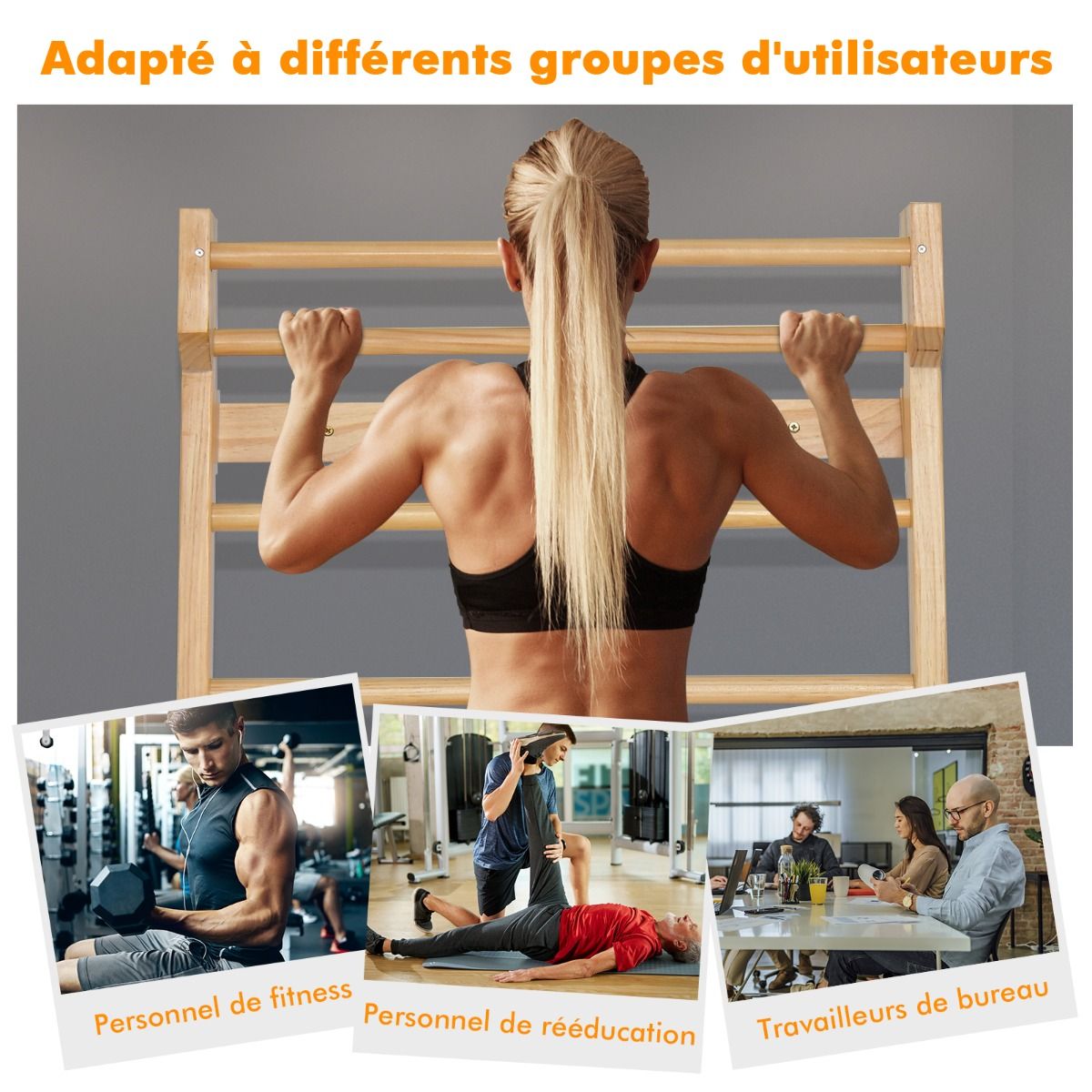 Espalier Mural Espalier de Gymnastique Capacité 150 kg Diamètre Barre 3,3 cm en Bois de Pin 195x80x14cm Naturel