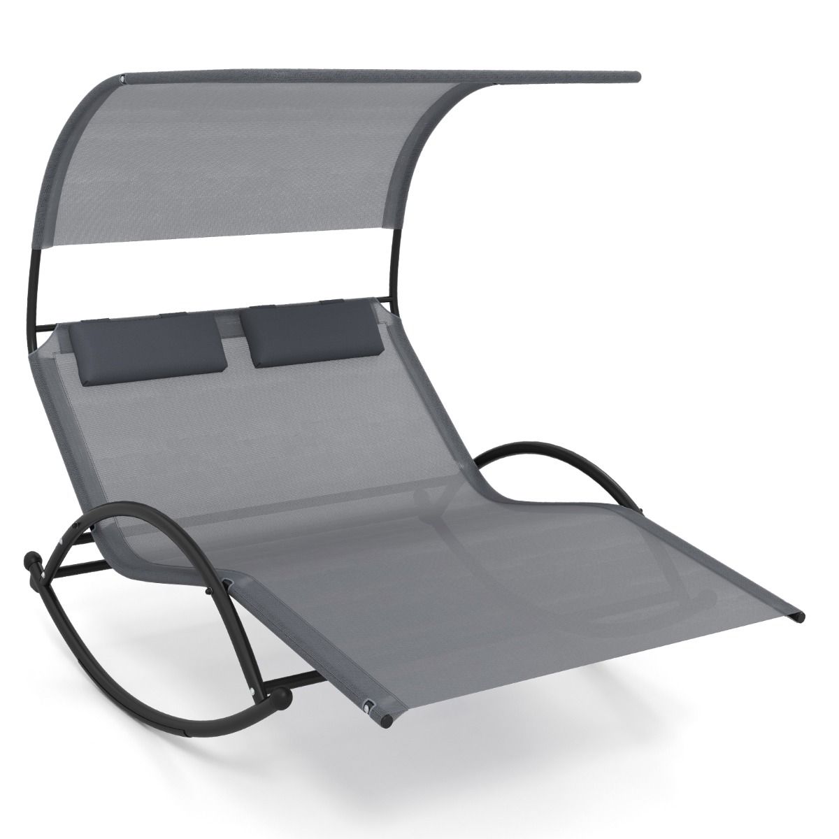 Chaise Longue Double Chaise à Bascule pour 2 Personnes 2 Appui-Têtes Amovibles Cadre en Métal Robuste Lit de Repos Ergonomique 2 Places Gris/Noir/Beige