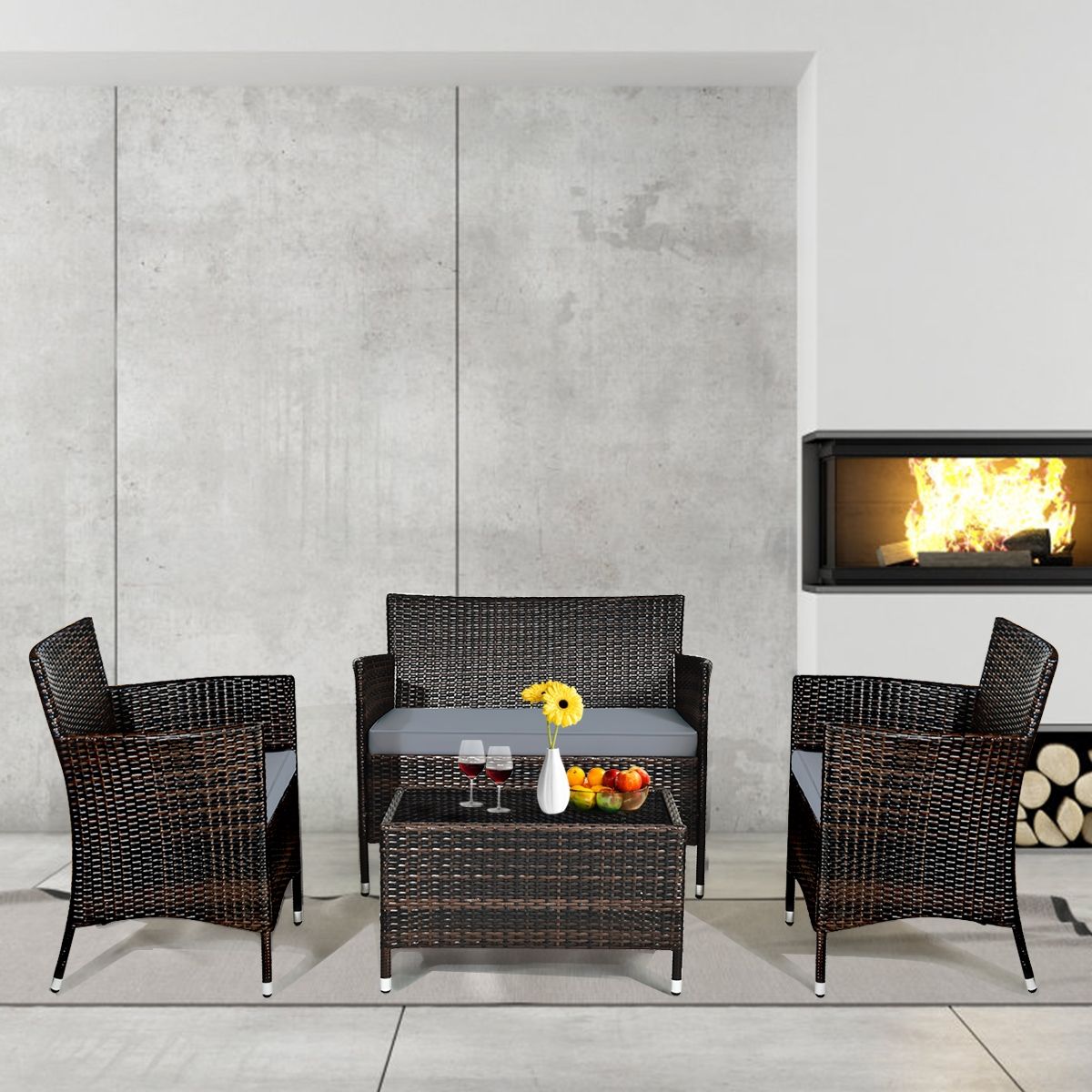 Salon de Jardin 4 PCS Mobilier de Terrasse en Rotin PE pour Véranda Patio Terrasse Piscine Marron et Gris