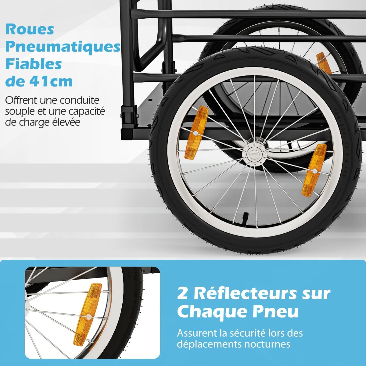 Remorque de Vélo avec Cadre Pliable Charge 55 kg Chariot pour Vélo avec Housse en Tissu Oxford Roues à Air de 40 cm Réflecteurs Bleu