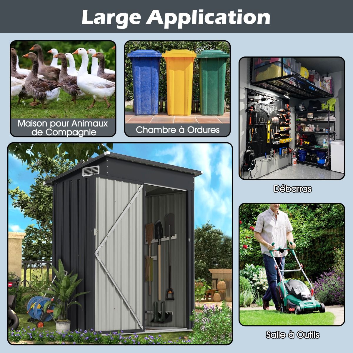 Abri de Rangement Toutes Saisons Abri à Outils Utilitaire avec Toit en Pente Porte Ouvrante Aérations Cadre en Métal Galvanisé Gris