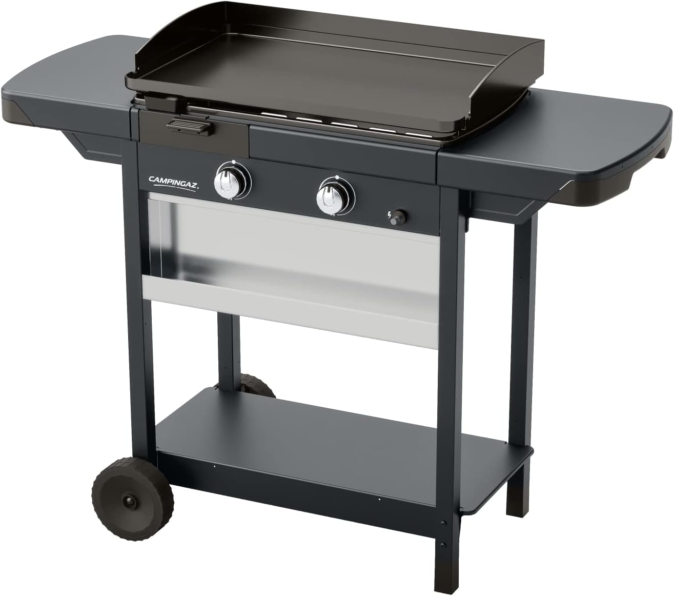 Campingaz Plancha EXB Plus, plancha au gaz sur chariot, grill gastronomique avec plaque en acier émaillé et 2 brûleurs, puissance 7500 W, pour des grillades méditerranéennes, Noir
