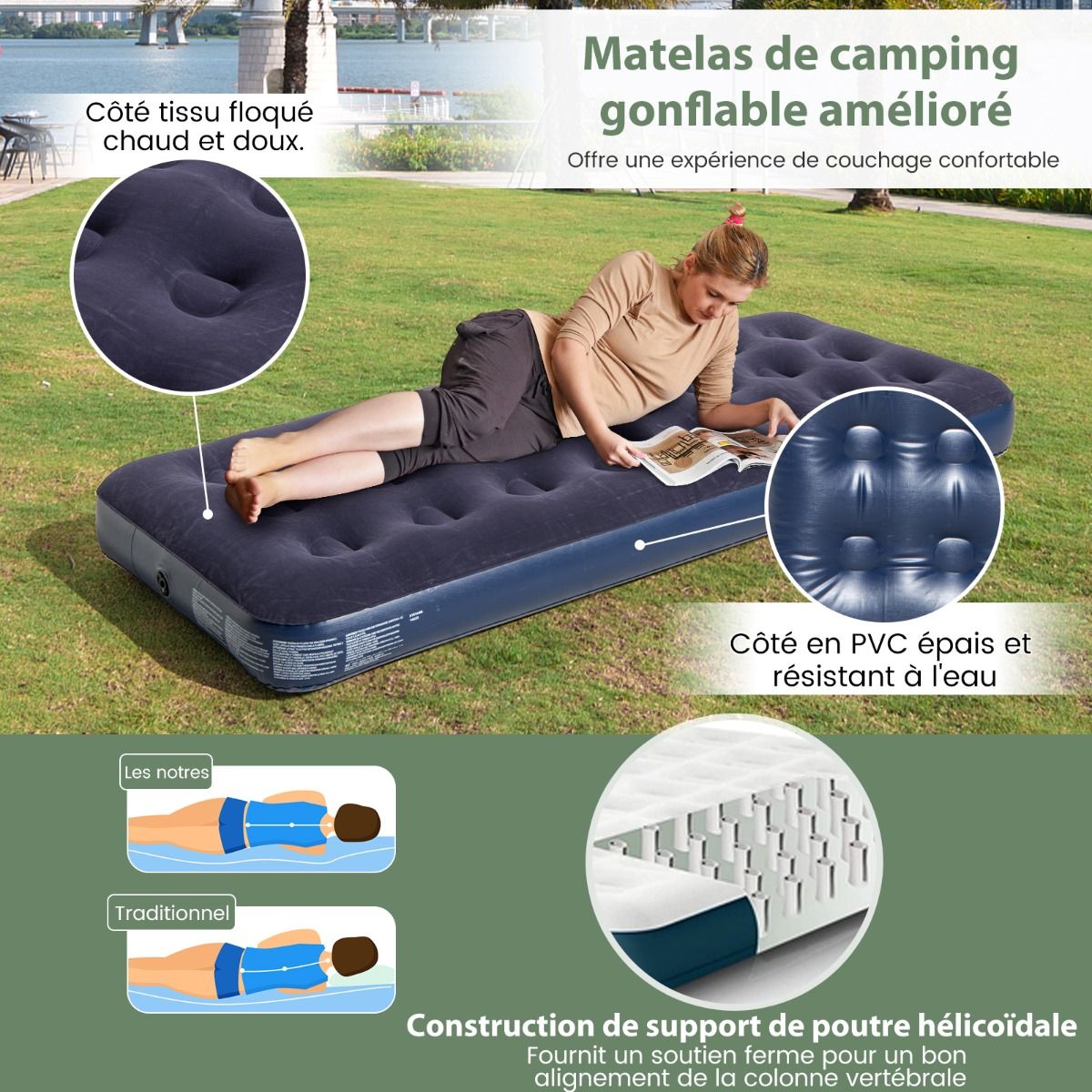 Tente de Camping avec Lit pour 1 Personne Lit de Camping Pliant 5 en 1 avec Matelas Pneumatique Oreiller Sac de Couchage Tente Surélevée Étanche