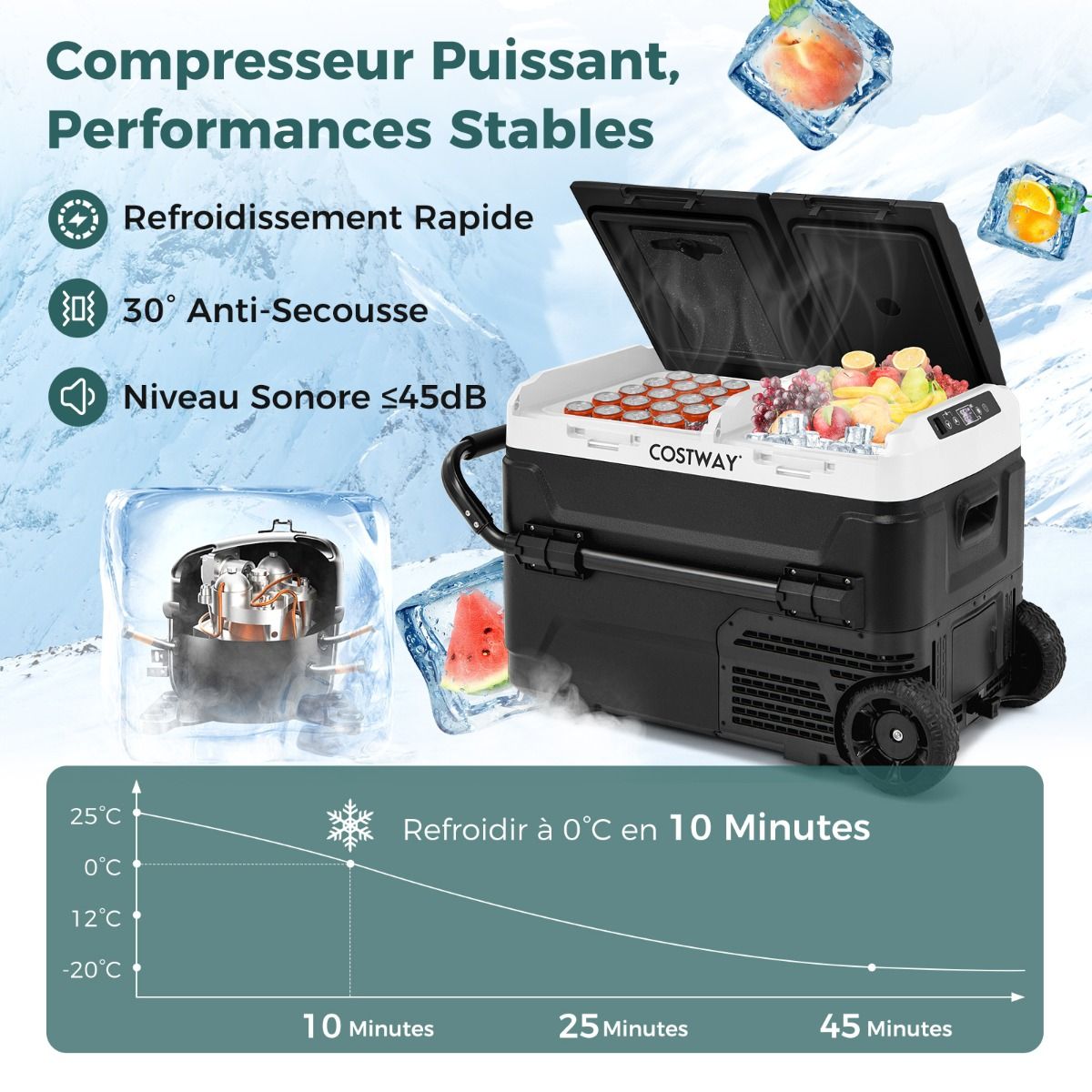 Glacière Électrique Portable Double Zone 40L Réfrigérateur de Voiture 12 V à Compresseur -20℃ ~ 20℃ 12/24V CC et 100-240V CA Noir
