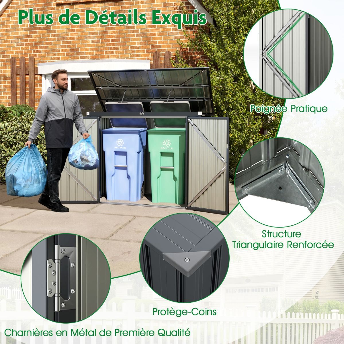 Abri de Stockage en Métal Galvanisé pour Poubelles Extérieur Abri de Jardin Verrouillable avec Toit Ouvert 2 Portes 172X95,5X130CM Gris
