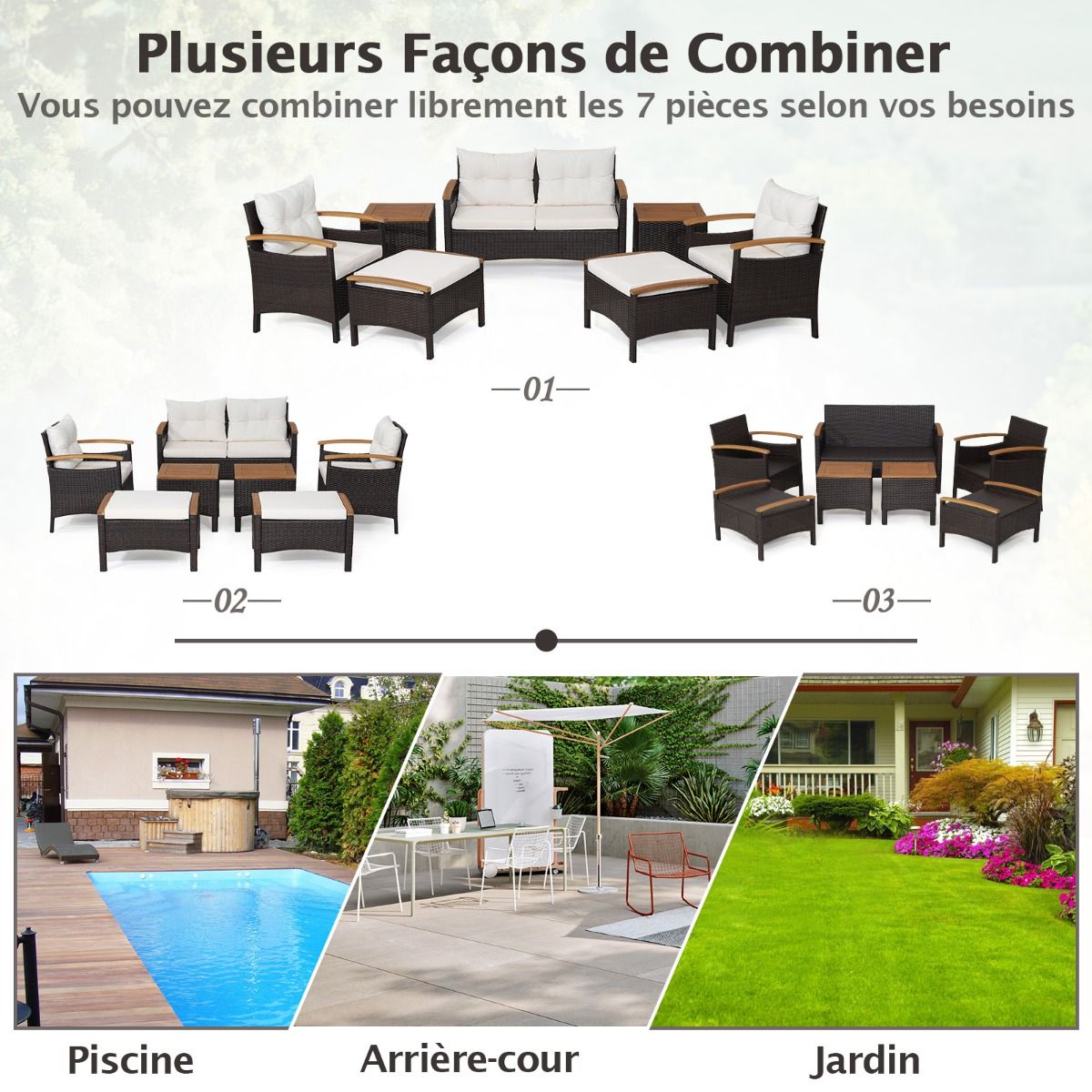 Ensemble de Canapés de Patio en Rotin PE 7 Pièces avec Coussins d'Assise et de Dossier 2 Poufs 2 Tables Basses Plateau de Table
