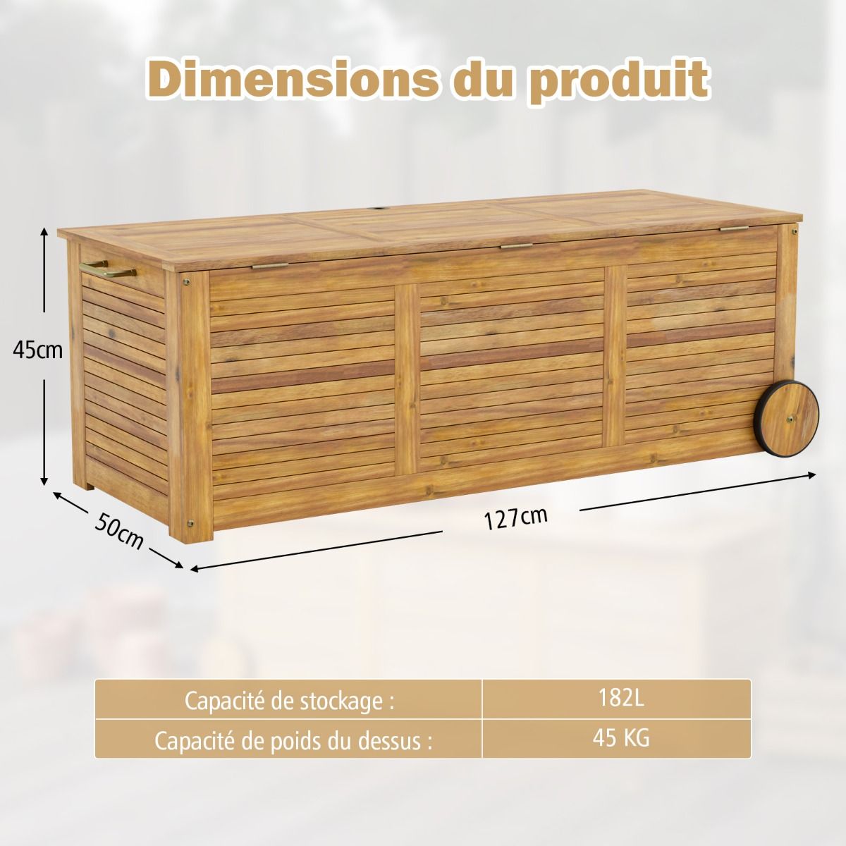 Coffre de Rangement 182L en Bois d’Acacia Charnière en Métal Banc de Rangement à Roulettes Extérieur pour Jardin Patio