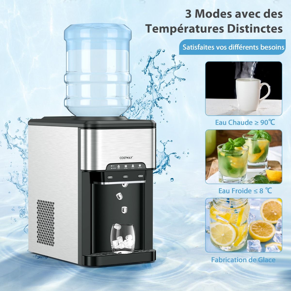 Machine à Glaçons 3 en 1 avec Distributeur d'Eau Froide/Chaude 20 kg en 24h Cube de Glace 6-13 min pour Maison Bureau Bar