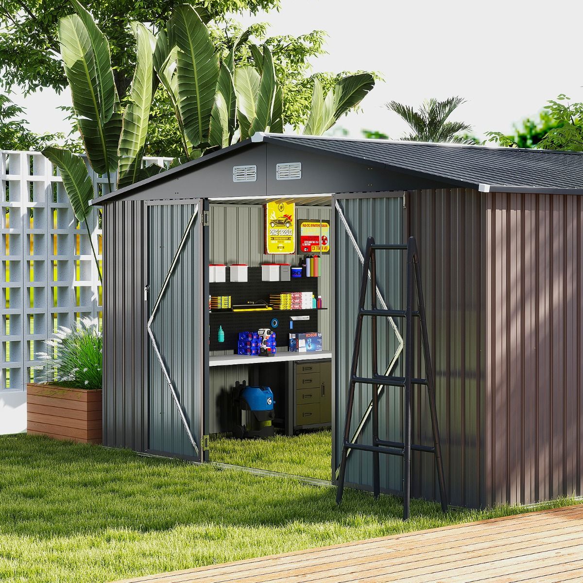 Abri de Stockage Extérieur Grand Hangar à Outils avec Design de Toit Incliné Portes Fermables avec Clés 4 Aérations 350x350x198cm Gris