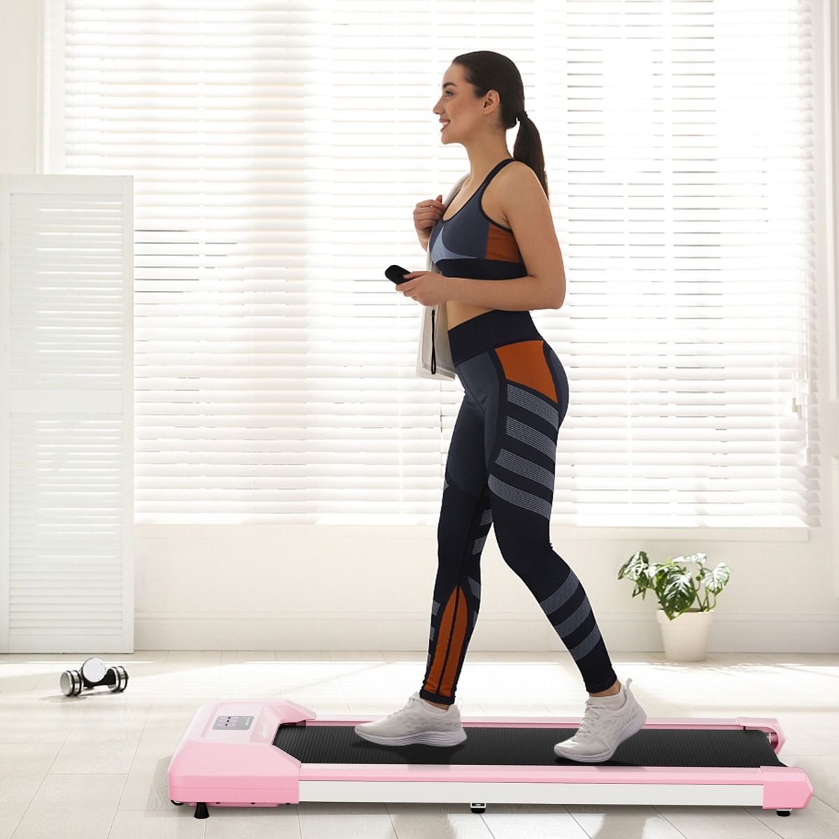 Tapis de Course Mince Tapis de Jogging avec Capacité de 120 Kg Télécommande et Écran Led Inclinable à Roulettes Tapis de Course à Glisser Gris/Noir/Rose