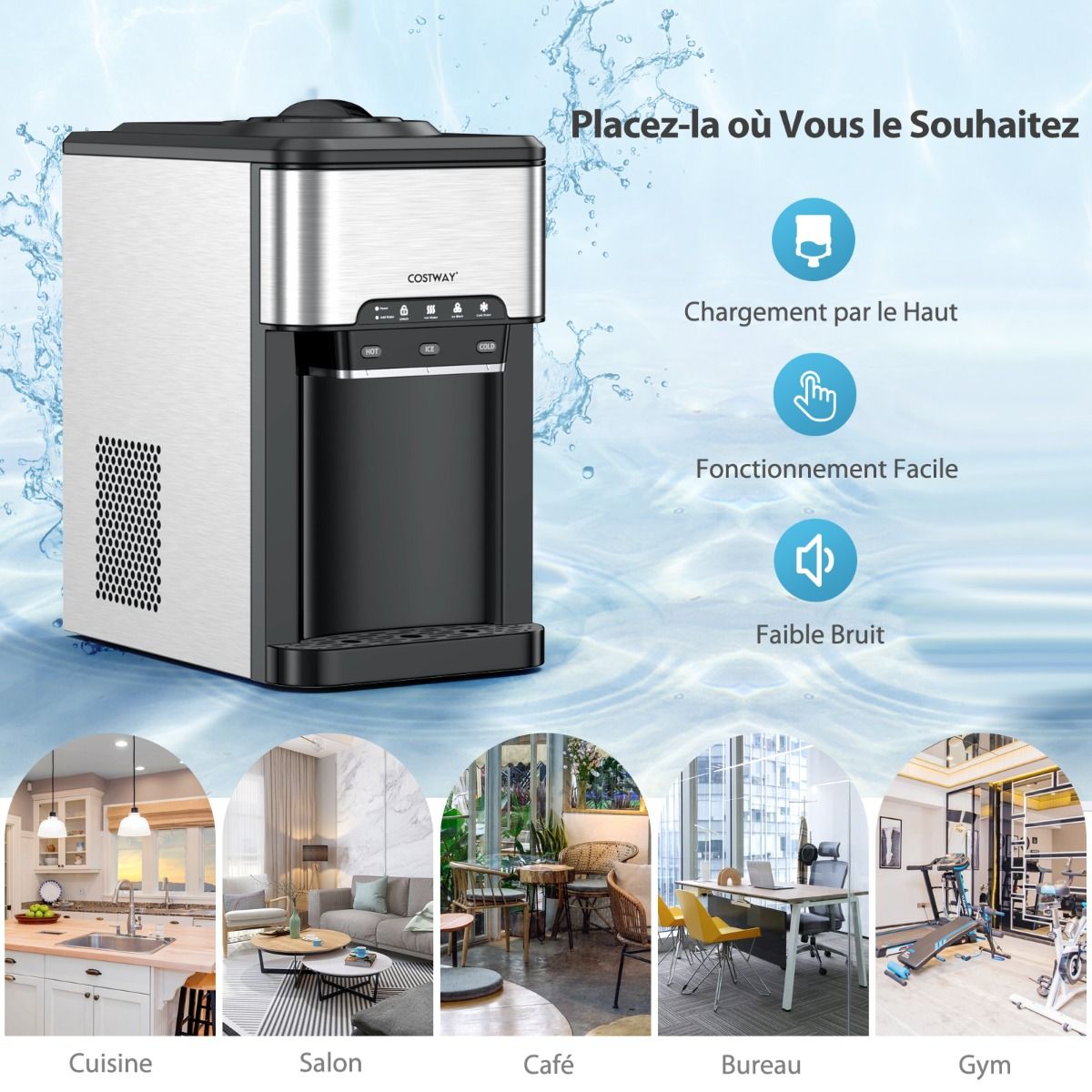 Machine à Glaçons 3 en 1 avec Distributeur d'Eau Froide/Chaude 20 kg en 24h Cube de Glace 6-13 min pour Maison Bureau Bar