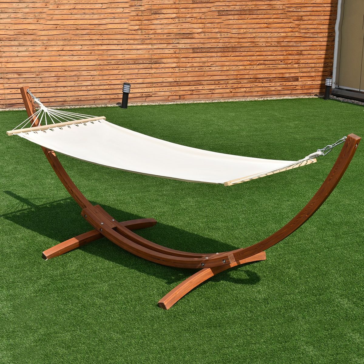 Hamac 1 Place 200x100cm avec Support en Bois de Mélèze Russe Capacité 120kg en Polyester Métal 313x115x120cm Naturel