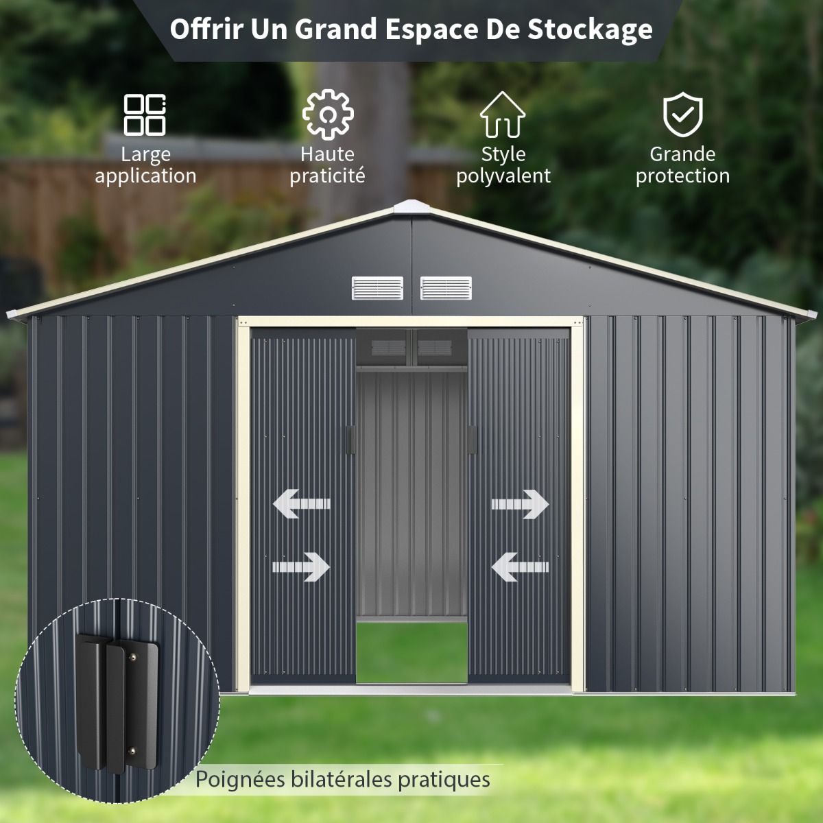 Abri de Jardin en Métal 8,67 ㎡ 340 x 255 x 210 cm avec 2 Portes Coulissantes Verrouillables 4 Trous d’Aération Gris pour Vélo