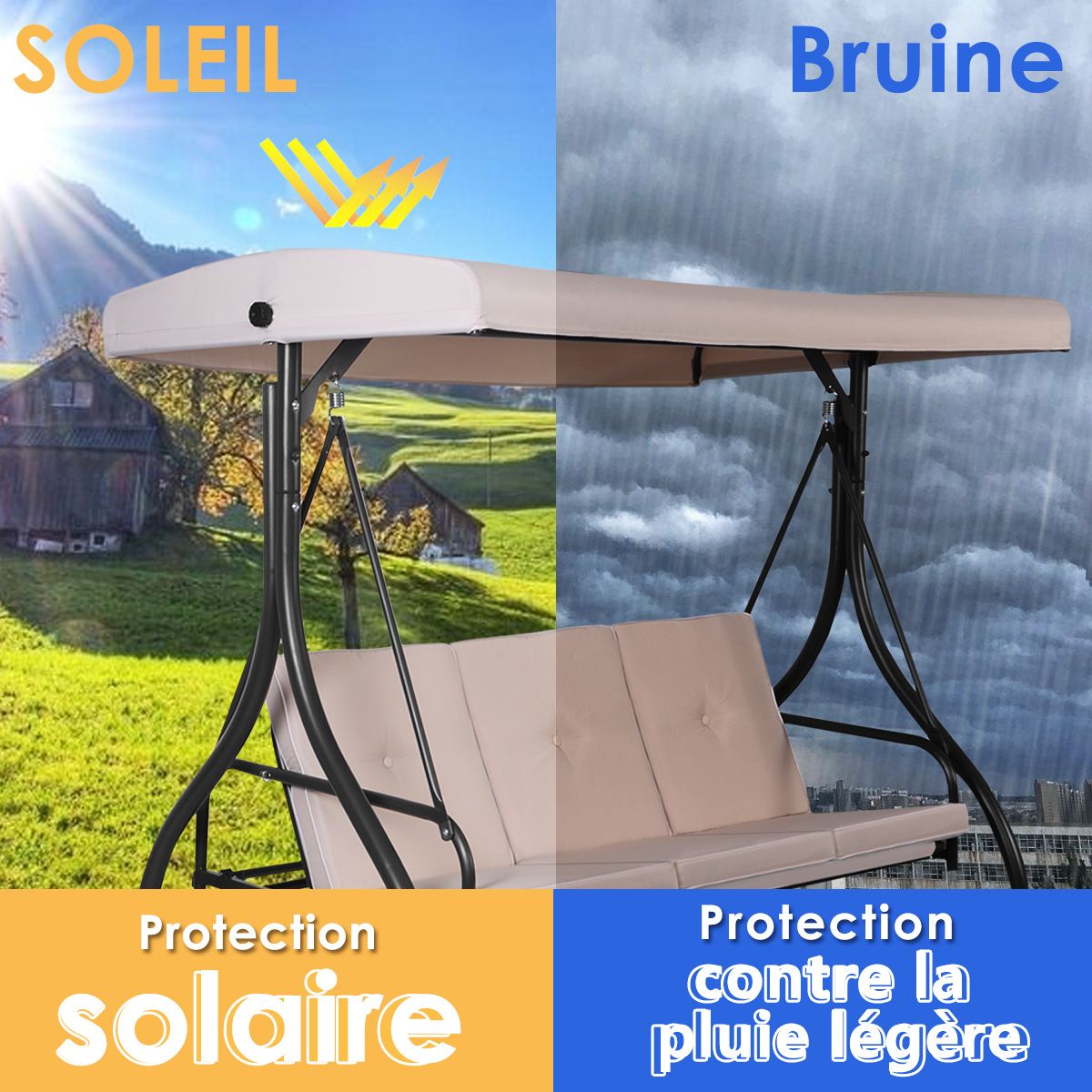 Balancelle d'Extérieur Convertible Jardin Porche Avec Sièges à Coussins Auvent Réglable et Cadre en Métal Enduit Hamac 3 Places Beige