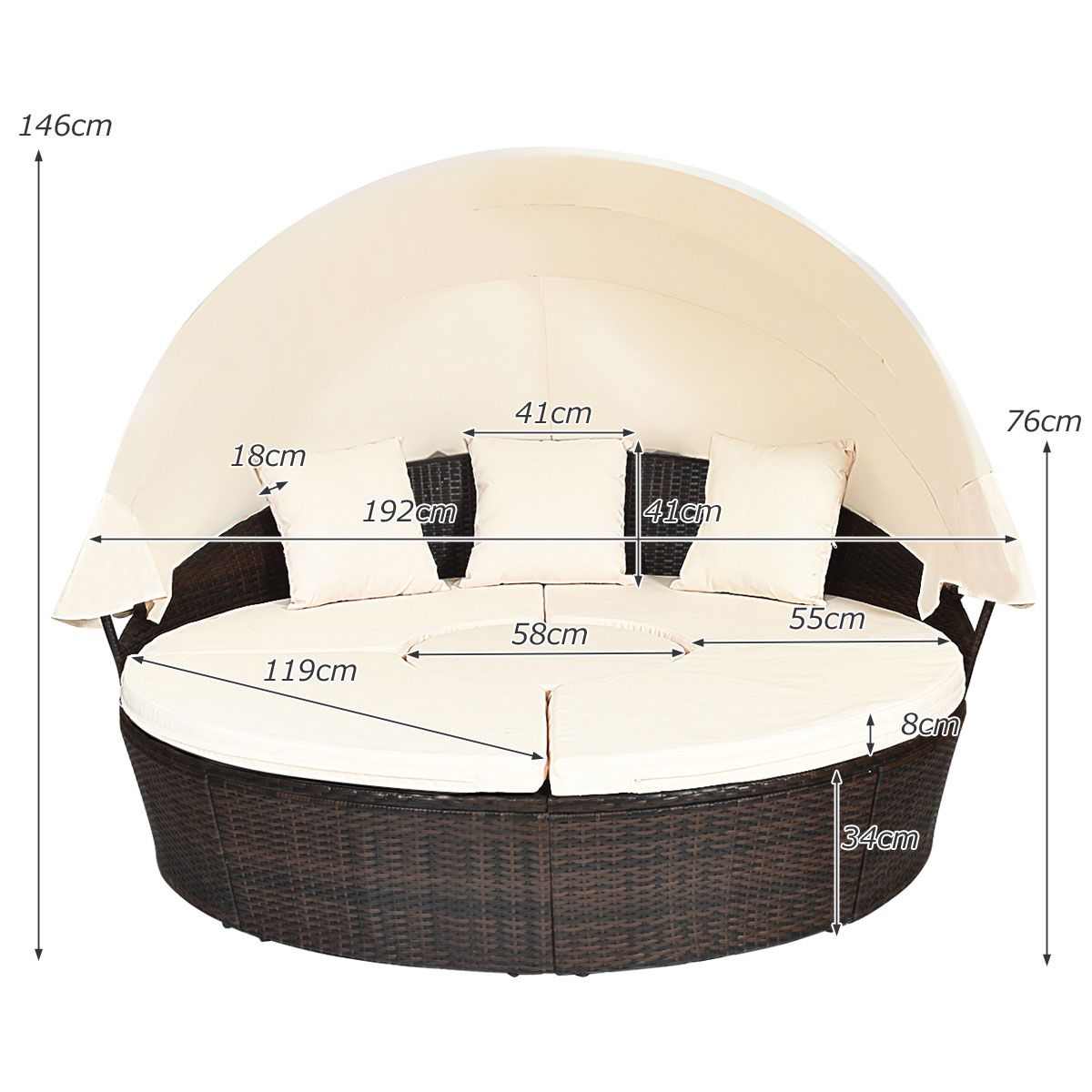 Lit de Jardin Rond d'Exterieur Table Relevable Modulable & Convertible - Pare Soleil Réglable rotin PE Coussins Inclus  Beige