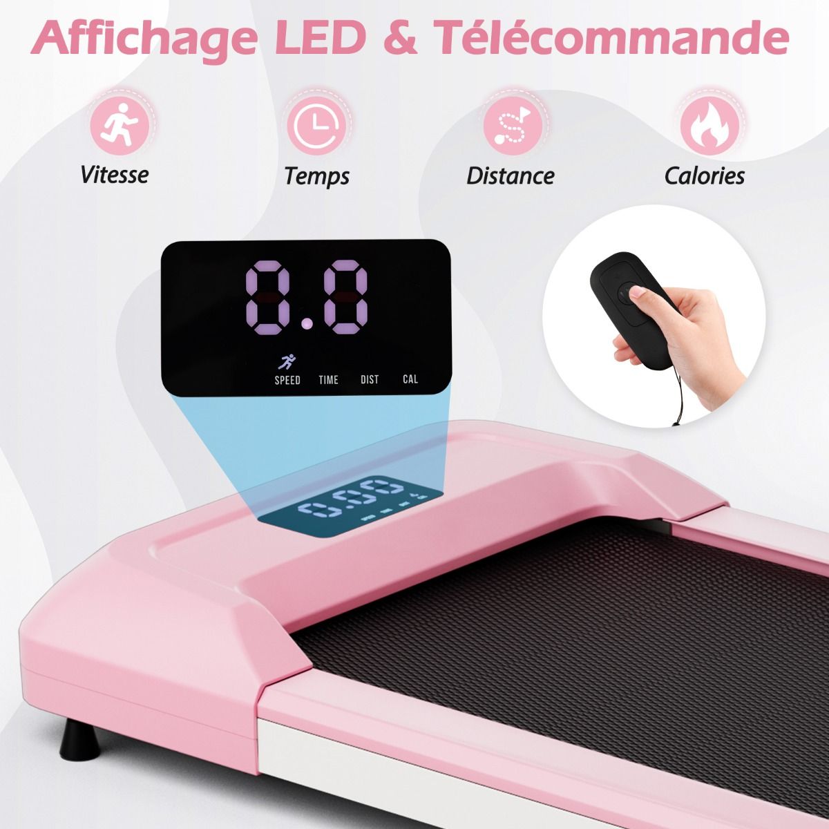 Tapis de Course Mince Tapis de Jogging avec Capacité de 120 Kg Télécommande et Écran Led Inclinable à Roulettes Tapis de Course à Glisser Gris/Noir/Rose