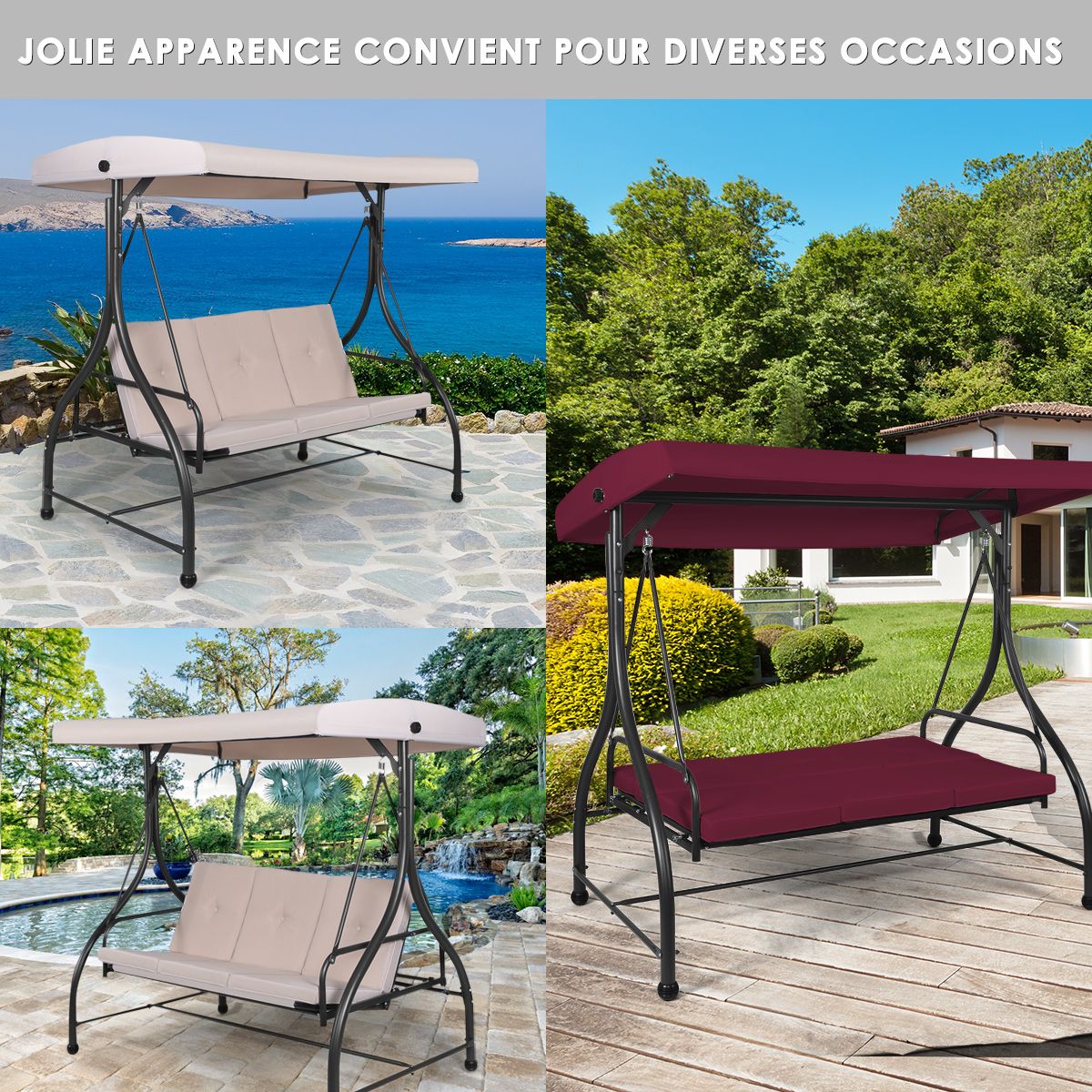 Balancelle d'Extérieur Convertible Jardin Porche Avec Sièges à Coussins Auvent Réglable et Cadre en Métal Enduit Hamac 3 Places Beige