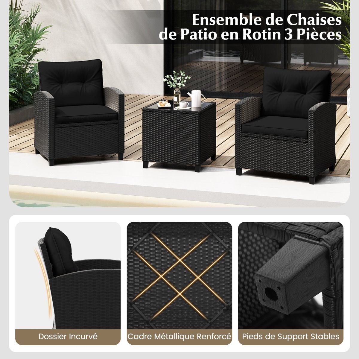Ensemble de Meubles 3 Pièces de Patio en Rotin Charge 180KG Salon de Jardin 2 Fauteuils Table Basse avec Plateau Noir/Beige/Blanc