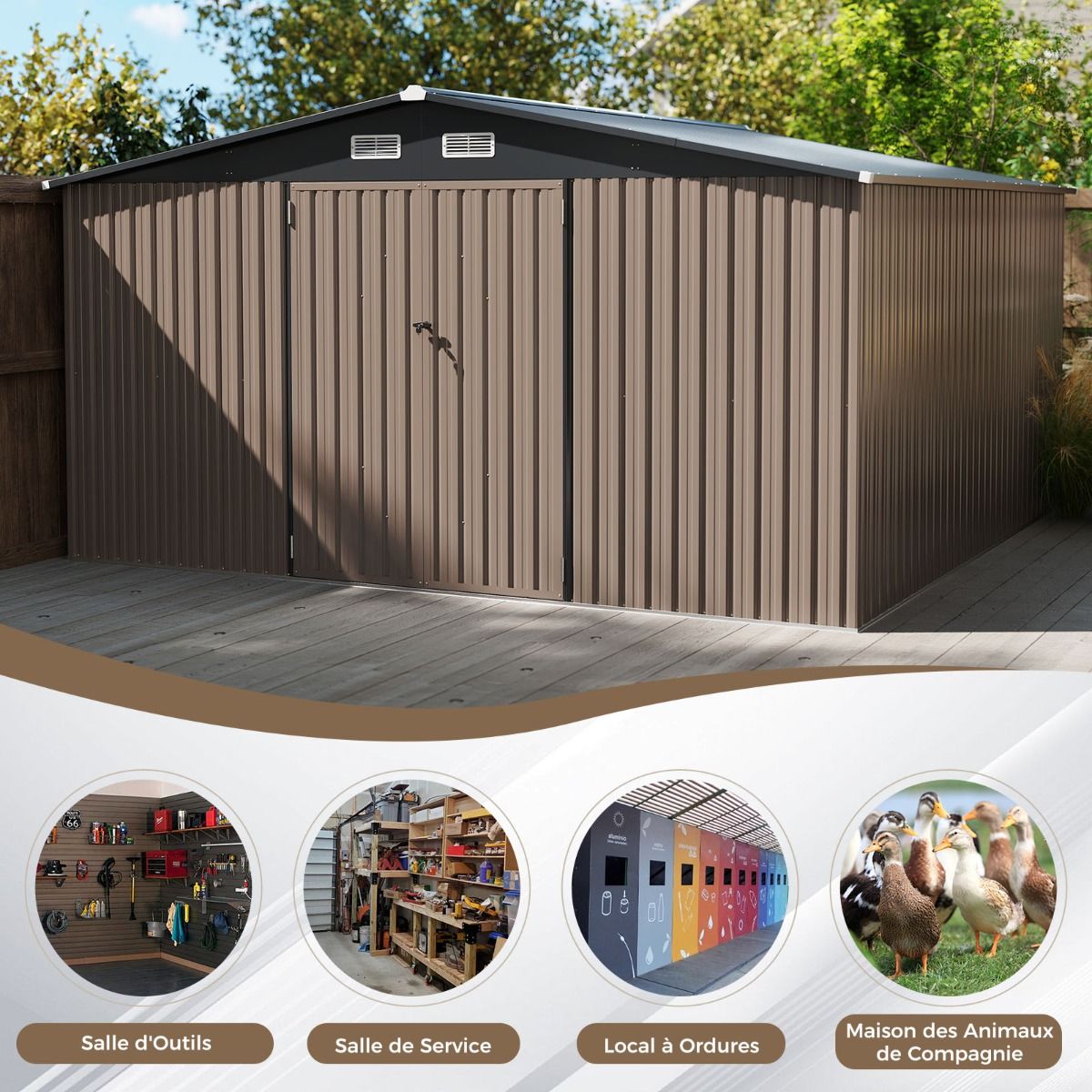 Abri de Stockage Extérieur Grand Hangar à Outils avec Design de Toit Incliné Portes Fermables avec Clés 4 Aérations 350x350x198cm Gris