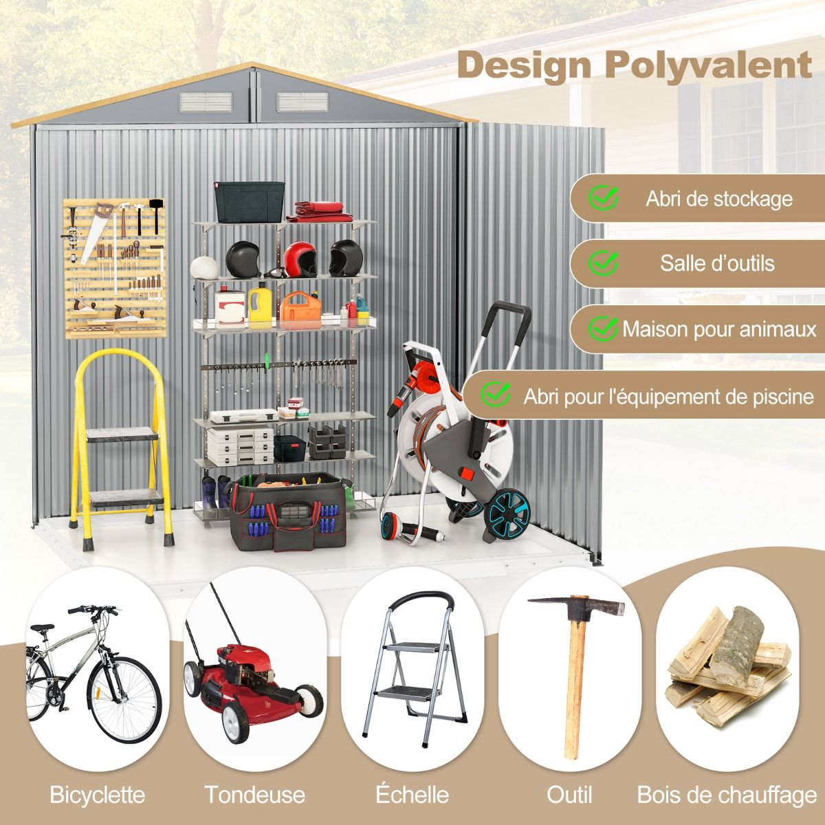 Abri de Jardin 2.3㎡ en Acier Galvanisé Anti-UV 196x142x186cm Cabane de Jardin Exterieur 3.7m³ avec Porte Coulissante Rampe Naturel