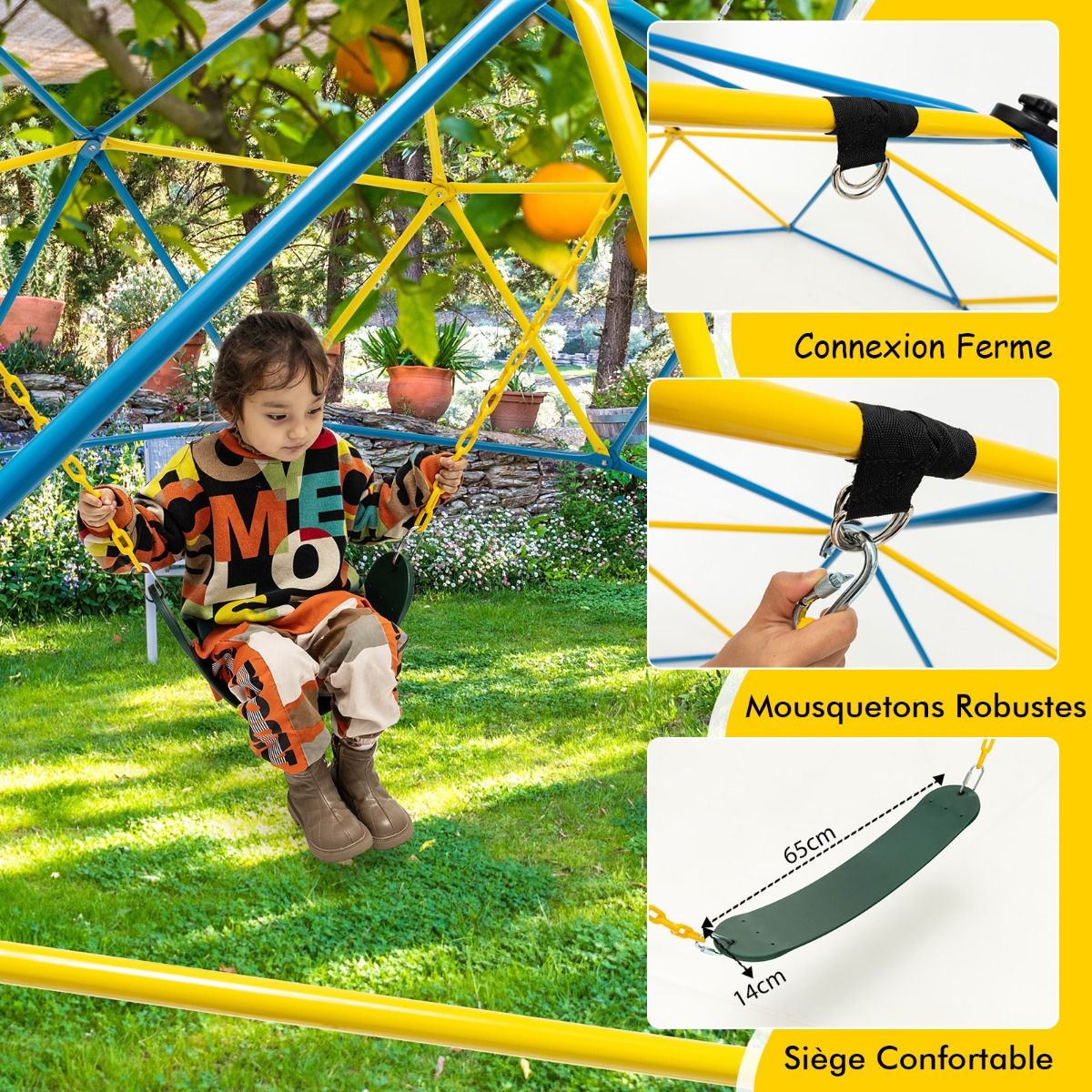 Dôme d'Escalade de 305cm avec Balançoire Cage d'Escalade en Métal Charge Max 363 kg Intérieur Extérieur pour Enfants de 3-10 Ans Jaune/Rouge